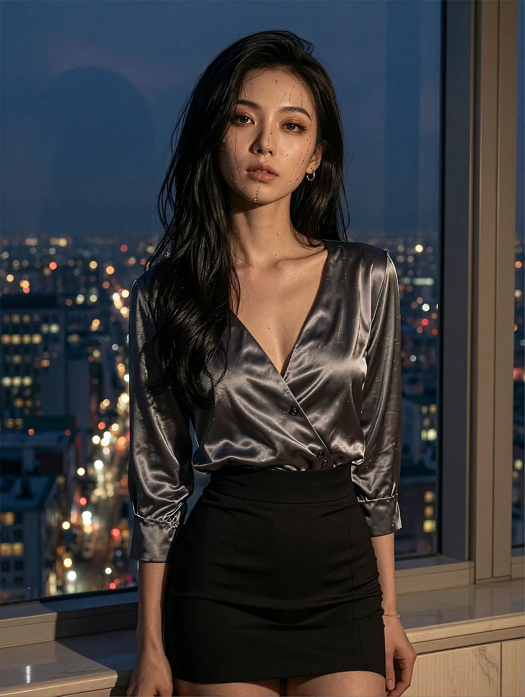 Fictional AI character photographed against a dark window at night